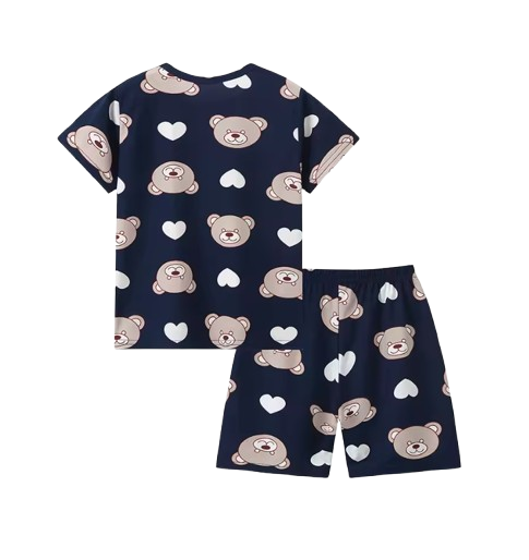 The Frank - Baby Boy Bear Print Navy Blue Round Neck Shirt + Shorts