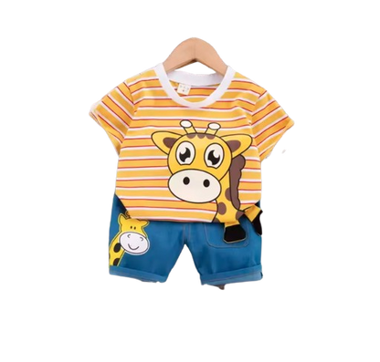 The Conrad - Baby Boy Cute Giraffe Print Yellow Tops + Shorts Set