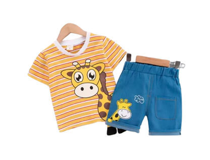 The Conrad - Baby Boy Cute Giraffe Print Yellow Tops + Shorts Set