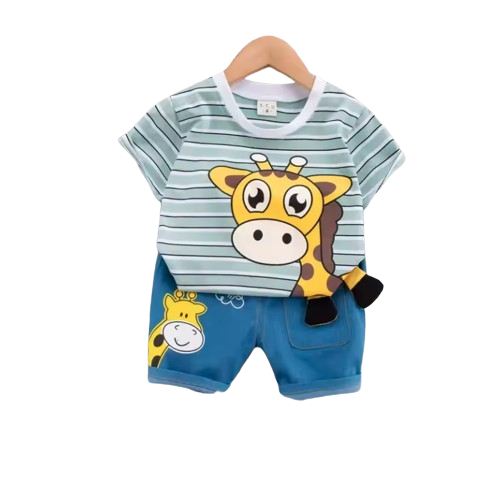 The Conrad - Baby Boy Cute Giraffe Print Green Tops + Shorts Set