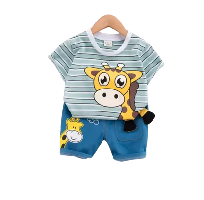 The Conrad - Baby Boy Cute Giraffe Print Green Tops + Shorts Set