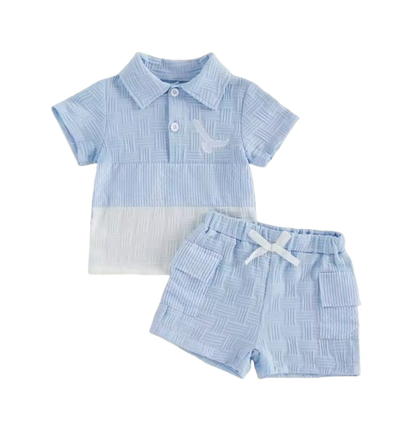 The Matthias - Baby Boy Short Sleeve Lapel Collar Bird Embroidery Patchwork Tops and Elastic Waist Shorts Set