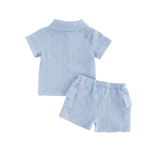 The Matthias - Baby Boy Short Sleeve Lapel Collar Bird Embroidery Patchwork Tops and Elastic Waist Shorts Set