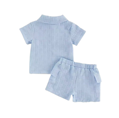 The Matthias - Baby Boy Short Sleeve Lapel Collar Bird Embroidery Patchwork Tops and Elastic Waist Shorts Set