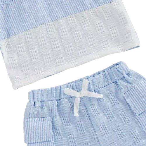 The Matthias - Baby Boy Short Sleeve Lapel Collar Bird Embroidery Patchwork Tops and Elastic Waist Shorts Set
