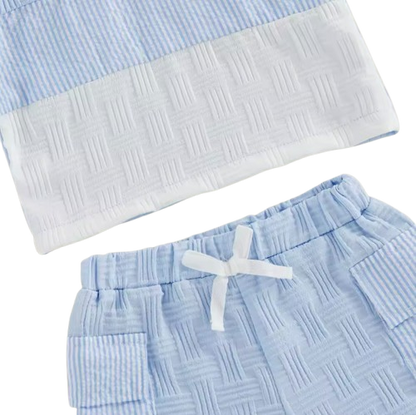 The Matthias - Baby Boy Short Sleeve Lapel Collar Bird Embroidery Patchwork Tops and Elastic Waist Shorts Set