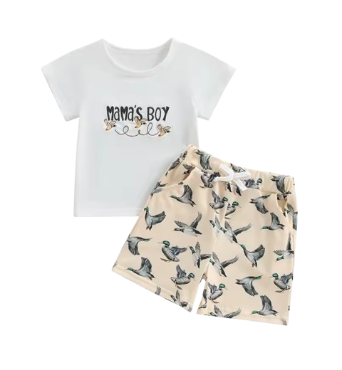 The Zaire - Baby Boy Mama's Boy Goose Print Outfit Short Sleeve T-shirts Elastic + Waist Shorts