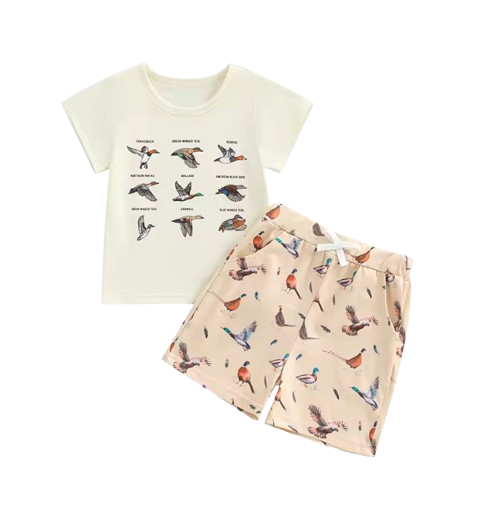 The Zaire - Baby Boy Goose Print Outfit Short Sleeve T-shirts Elastic + Waist Shorts