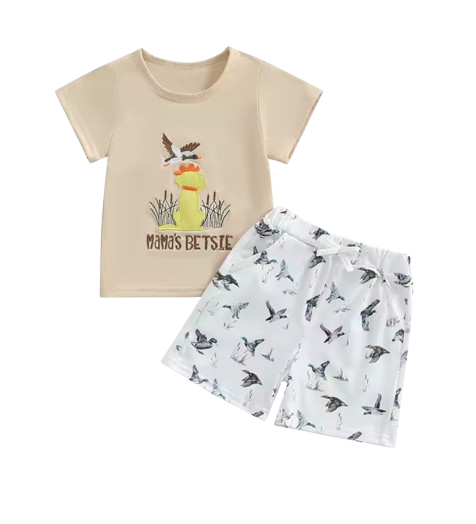 The Zaire - Baby Boy Goose & Dog Print Outfit Short Sleeve T-shirts Elastic + Waist Shorts