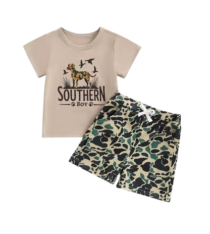 The Zaire - Baby Boy Southern Boy Dog Print Outfit Short Sleeve T-shirts Elastic + Waist Shorts