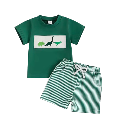 The Corbin - Baby Boy Short Sleeve Green Dino Print T-Shirts Striped Elastic + Waist Shorts