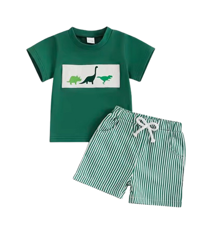 The Corbin - Baby Boy Short Sleeve Green Dino Print T-Shirts Striped Elastic + Waist Shorts