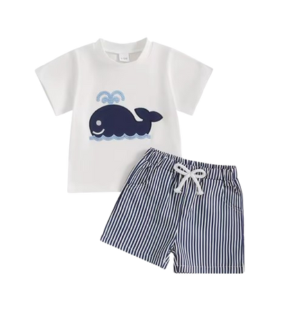 The Corbin - Baby Boy Short Sleeve Blue Whale Print T-Shirts Striped Elastic + Waist Shorts