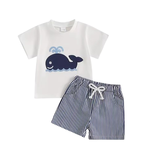 The Corbin - Baby Boy Short Sleeve Blue Whale Print T-Shirts Striped Elastic + Waist Shorts