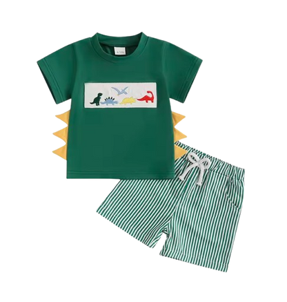 The Corbin - Baby Boy Short Sleeve 5 Dino Print T-Shirts Striped Elastic + Waist Shorts