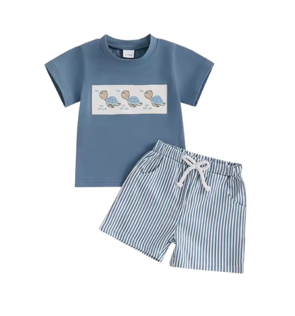 The Corbin - Baby Boy Short Sleeve Blue Dino Print T-Shirts Striped Elastic + Waist Shorts