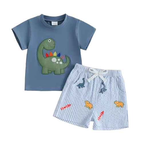 The Erik - Baby Boy Short Sleeve O Neck Dinosaur Embroidery Tops and Striped Shorts Set
