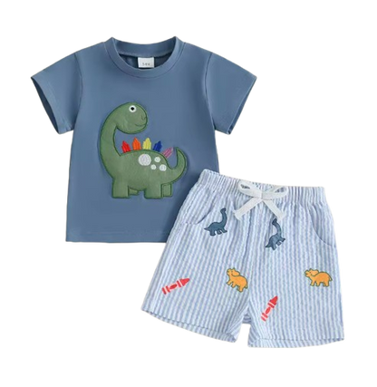 The Erik - Baby Boy Short Sleeve O Neck Dinosaur Embroidery Tops and Striped Shorts Set