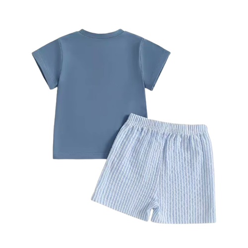 The Erik - Baby Boy Short Sleeve O Neck Dinosaur Embroidery Tops and Striped Shorts Set