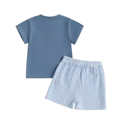 The Erik - Baby Boy Short Sleeve O Neck Dinosaur Embroidery Tops and Striped Shorts Set