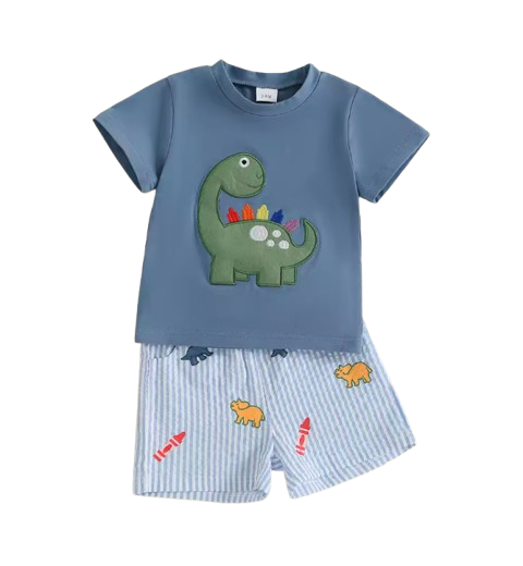 The Erik - Baby Boy Short Sleeve O Neck Dinosaur Embroidery Tops and Striped Shorts Set