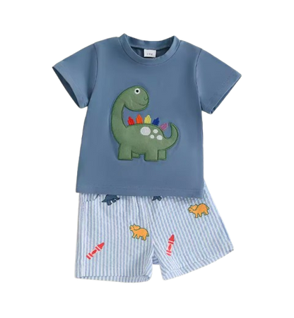 The Erik - Baby Boy Short Sleeve O Neck Dinosaur Embroidery Tops and Striped Shorts Set