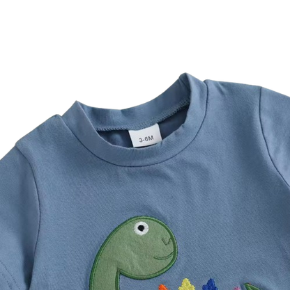 The Erik - Baby Boy Short Sleeve O Neck Dinosaur Embroidery Tops and Striped Shorts Set