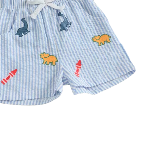 The Erik - Baby Boy Short Sleeve O Neck Dinosaur Embroidery Tops and Striped Shorts Set