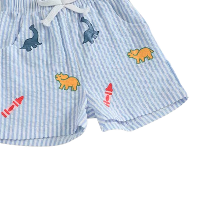 The Erik - Baby Boy Short Sleeve O Neck Dinosaur Embroidery Tops and Striped Shorts Set