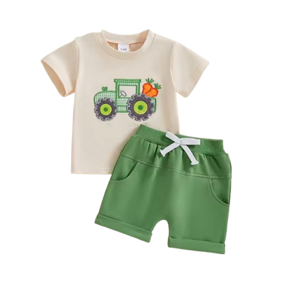 The Callen - Baby Boy Summer Easter Sets Short Sleeve O Neck Tractor Embroidery Tops and Solid Color Shorts Set