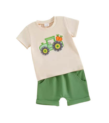 The Callen - Baby Boy Summer Easter Sets Short Sleeve O Neck Tractor Embroidery Tops and Solid Color Shorts Set