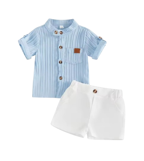 The Kendrick - Baby Boy Blue Striped Button Casual Short Sleeves T-Shirt + Elastic Shorts Set