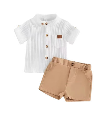 The Kendrick - Baby Boy Brown Striped Button Casual Short Sleeves T-Shirt + Elastic Shorts Set