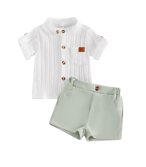 The Kendrick - Baby Boy Green Striped Button Casual Short Sleeves T-Shirt + Elastic Shorts Set