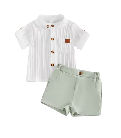 The Kendrick - Baby Boy Green Striped Button Casual Short Sleeves T-Shirt + Elastic Shorts Set