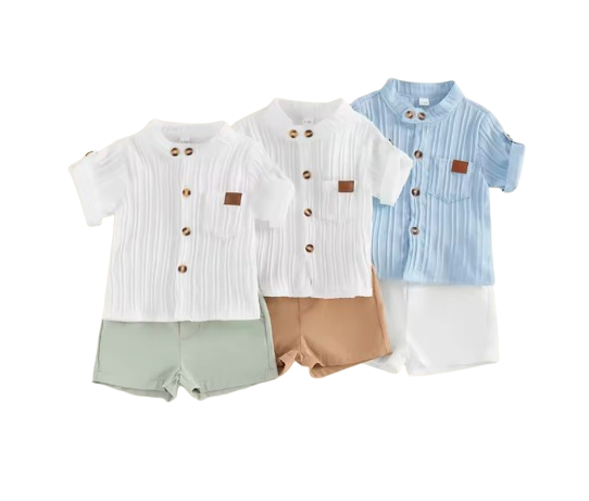 The Kendrick - Baby Boy Brown Striped Button Casual Short Sleeves T-Shirt + Elastic Shorts Set