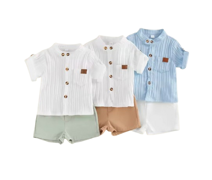 The Kendrick - Baby Boy Brown Striped Button Casual Short Sleeves T-Shirt + Elastic Shorts Set
