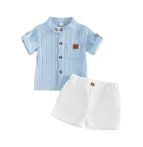 The Kendrick - Baby Boy Blue Striped Button Casual Short Sleeves T-Shirt + Elastic Shorts Set