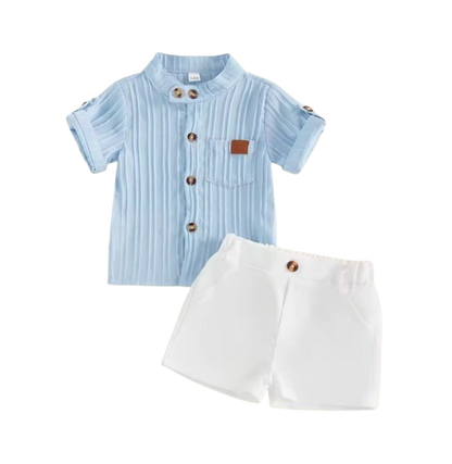 The Kendrick - Baby Boy Blue Striped Button Casual Short Sleeves T-Shirt + Elastic Shorts Set