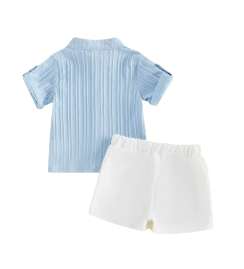 The Kendrick - Baby Boy Blue Striped Button Casual Short Sleeves T-Shirt + Elastic Shorts Set