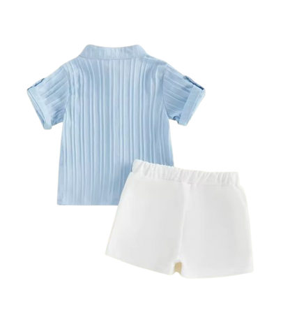 The Kendrick - Baby Boy Blue Striped Button Casual Short Sleeves T-Shirt + Elastic Shorts Set
