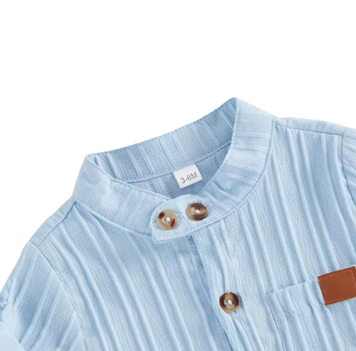 The Kendrick - Baby Boy Blue Striped Button Casual Short Sleeves T-Shirt + Elastic Shorts Set