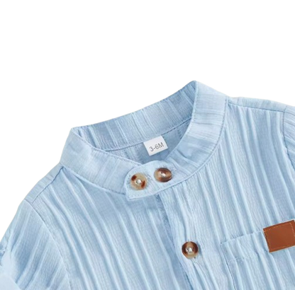 The Kendrick - Baby Boy Blue Striped Button Casual Short Sleeves T-Shirt + Elastic Shorts Set