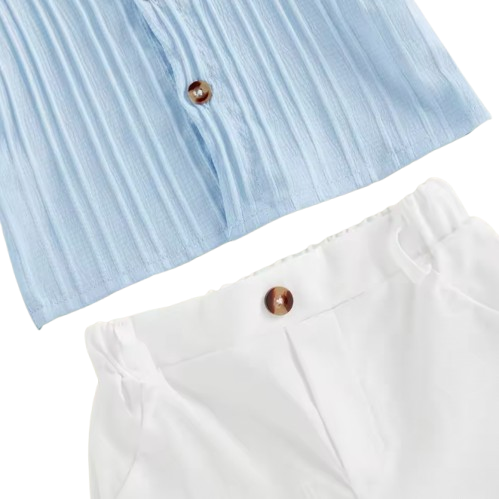 The Kendrick - Baby Boy Blue Striped Button Casual Short Sleeves T-Shirt + Elastic Shorts Set