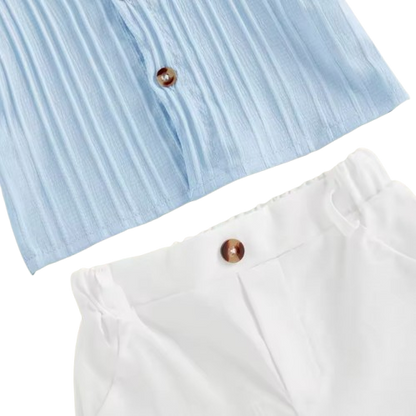 The Kendrick - Baby Boy Blue Striped Button Casual Short Sleeves T-Shirt + Elastic Shorts Set