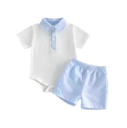 The Odin - Baby Boy Lapel Collar Short Sleeve Plaid Print Patchwork Romper and Elastic Waist Shorts Set
