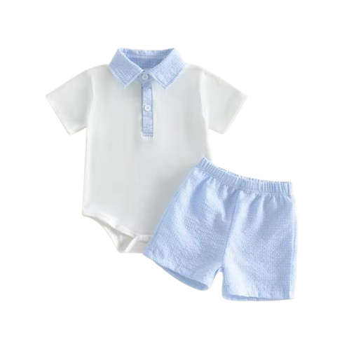 The Odin - Baby Boy Lapel Collar Short Sleeve Plaid Print Patchwork Romper and Elastic Waist Shorts Set