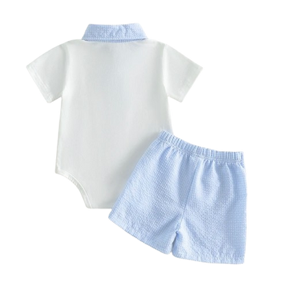 The Odin - Baby Boy Lapel Collar Short Sleeve Plaid Print Patchwork Romper and Elastic Waist Shorts Set