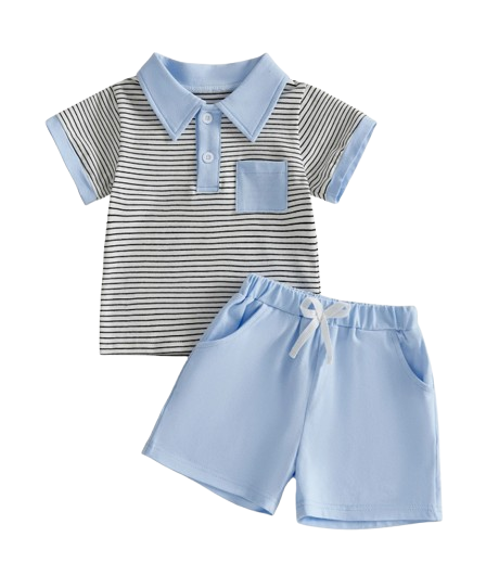 The Rodrigo - Baby Boy Blue Striped Short Sleeve Collared Shirt and Solid Shorts