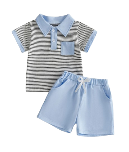 The Rodrigo - Baby Boy Blue Striped Short Sleeve Collared Shirt and Solid Shorts